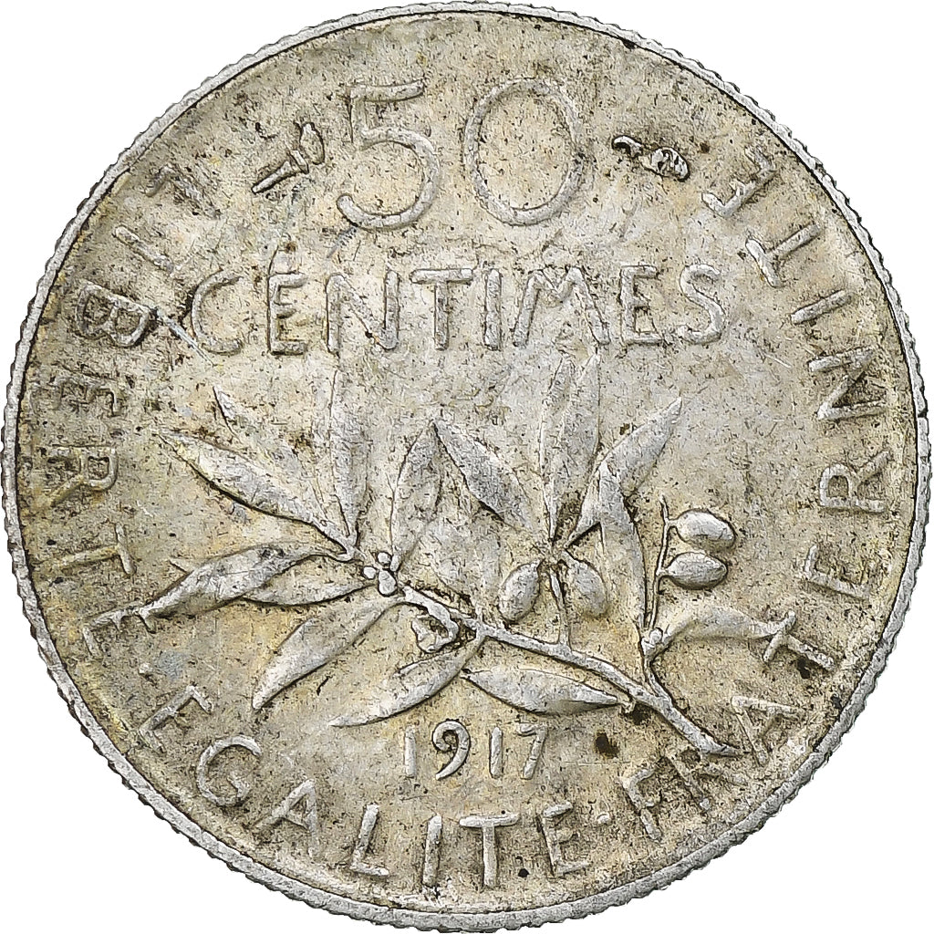 Frankrijk, 50 Centimes, Semeuse, 1917, Paris, Zilver, ZF+, Gadoury:420, KM:854