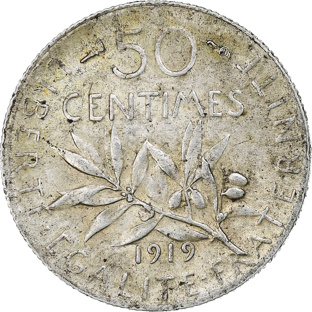 France, 50 Centimes, Semeuse, 1919, Paris, Silver, AU(50-53), Gadoury:420
