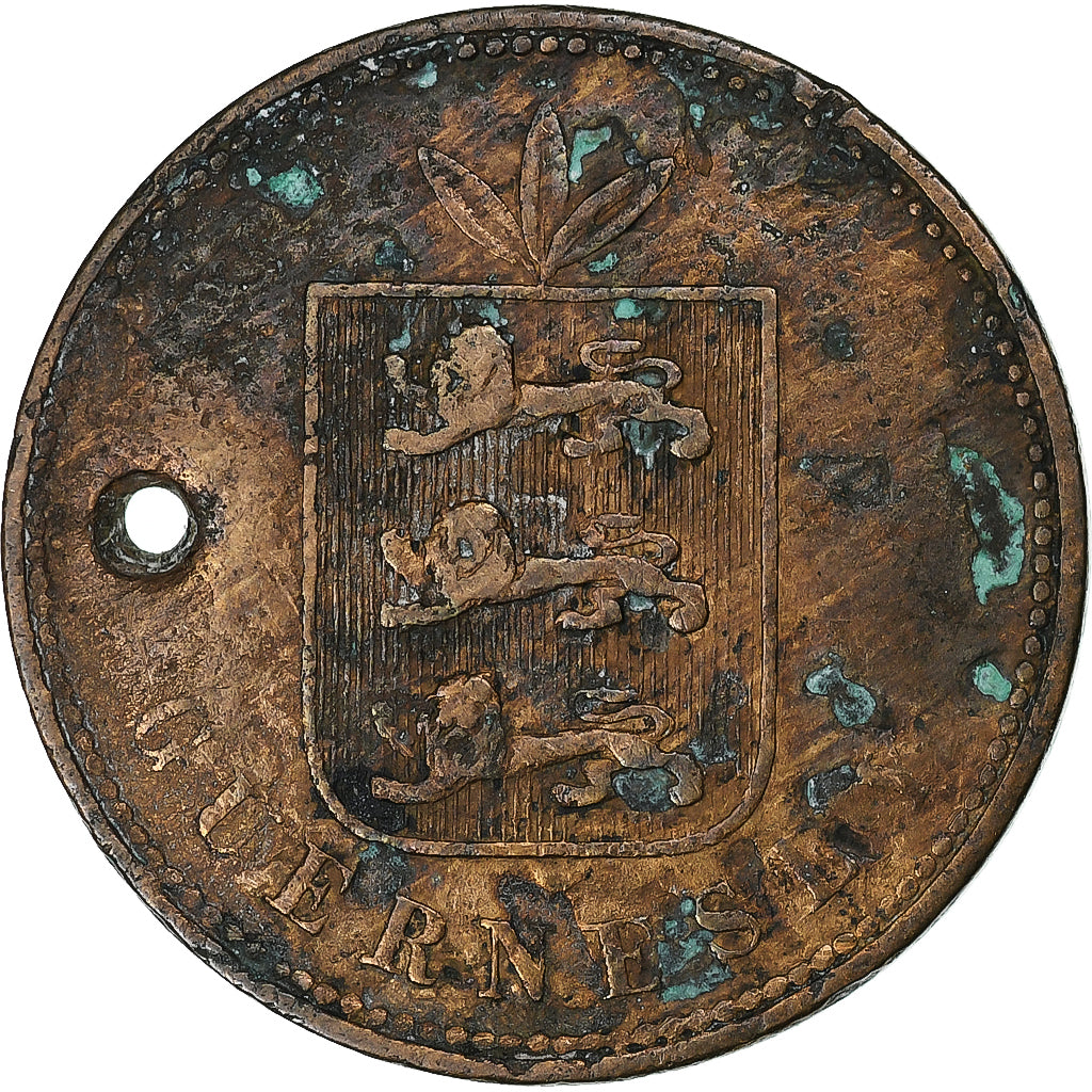 Guernsey, 4 Doubles, 1864, Birmingham, Koper, FR+