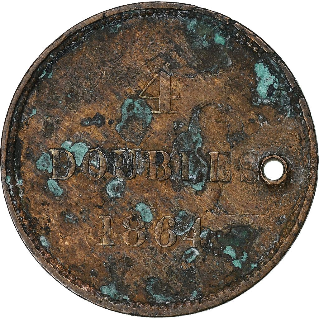 Guernsey, 4 Doubles, 1864, Birmingham, Koper, FR+