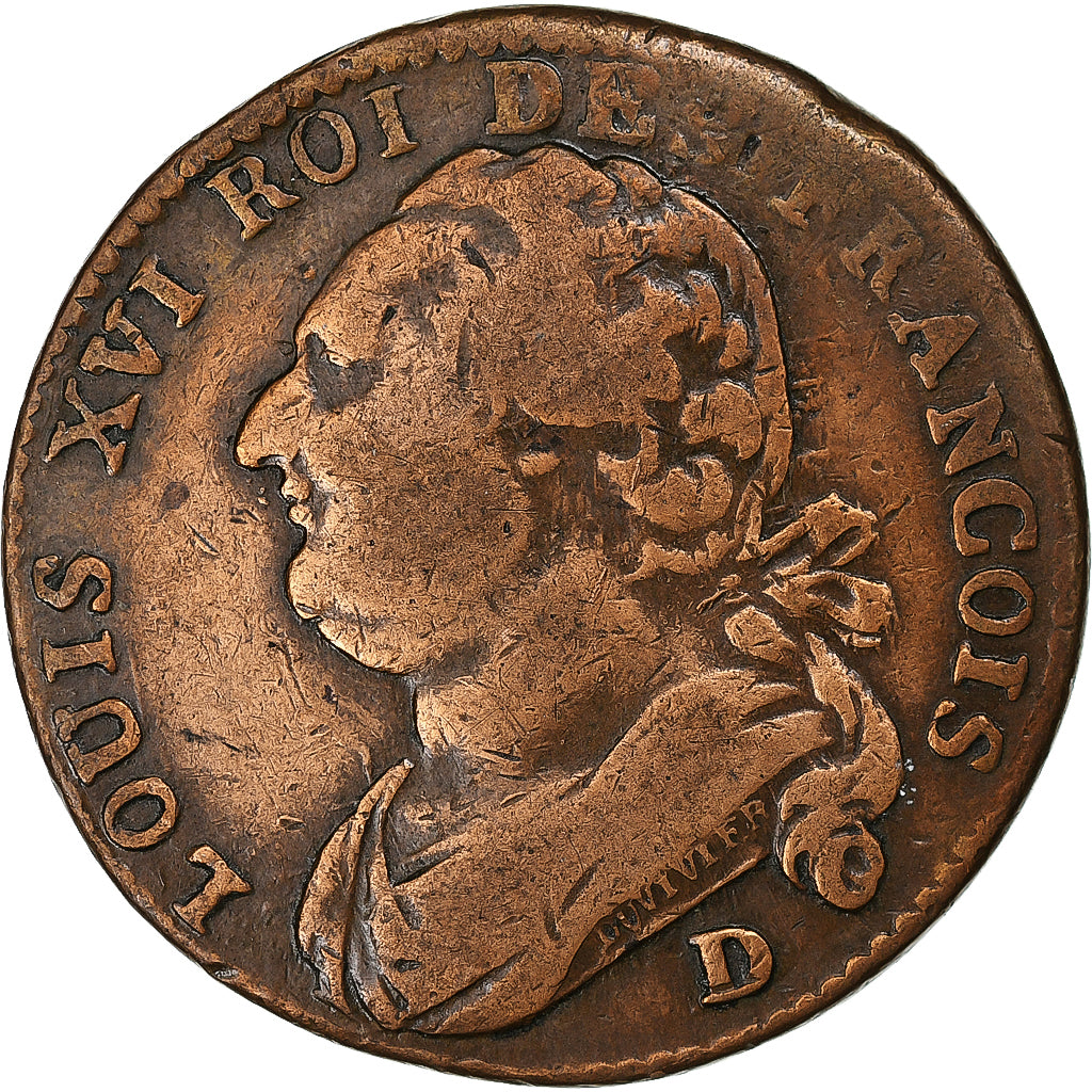 France, Louis XVI, 12 Deniers, 1793 / AN 5, Lyon, Copper, EF(40-45), Gadoury:15