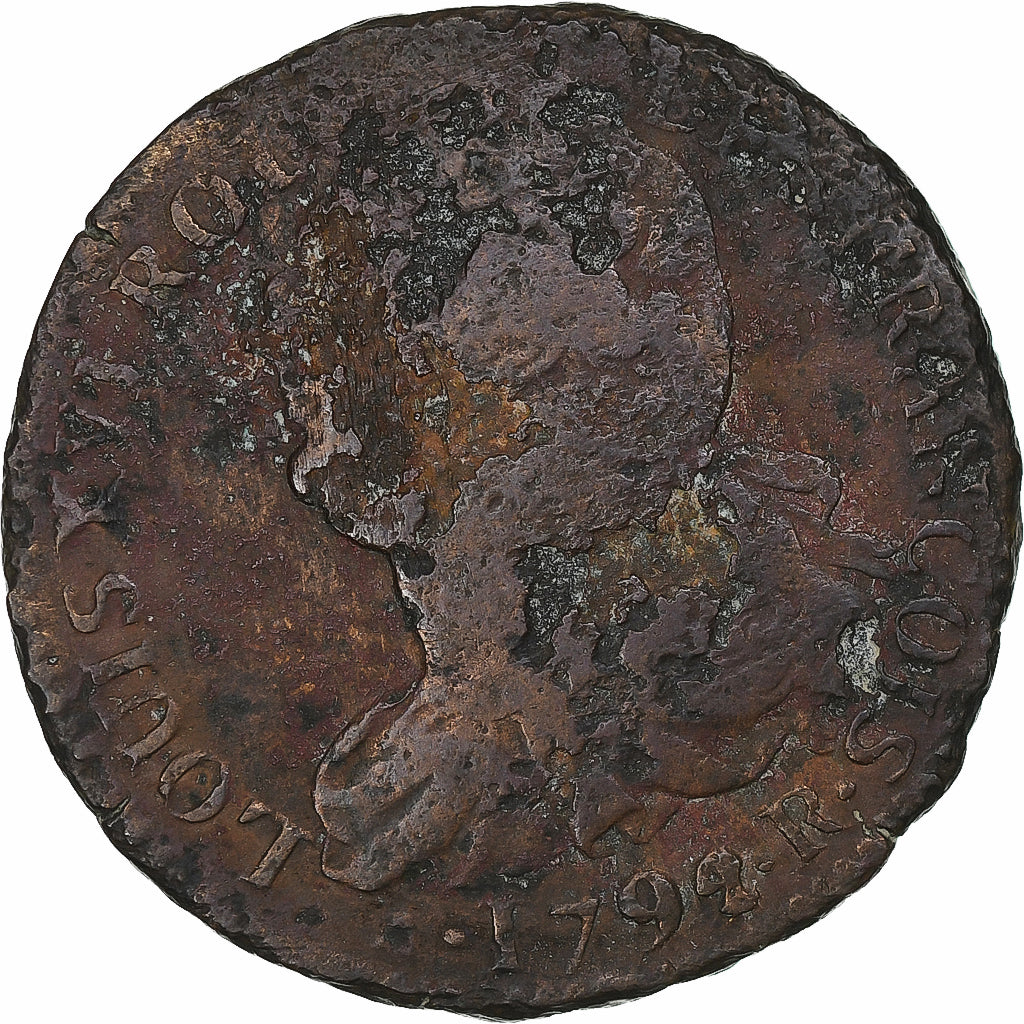 França, Louis XVI, 2 Sols, 1792/1, Orléans, Cobre, F(12-15), Gadoury:25