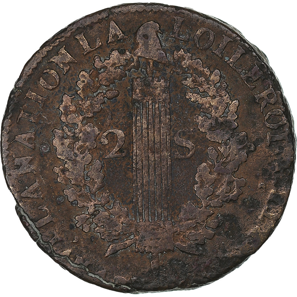 França, Louis XVI, 2 Sols, 1792/1, Orléans, Cobre, F(12-15), Gadoury:25