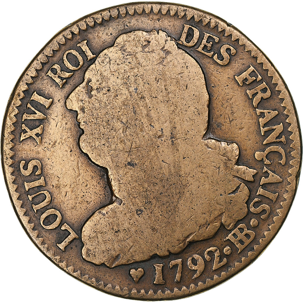 France, Louis XVI, 2 Sols, 1792 / AN 4, Strasbourg, Copper, F(12-15), Gadoury:24