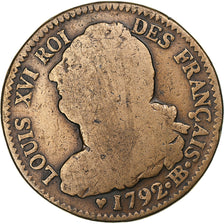 France, Louis XVI, 2 Sols, 1792 / AN 4, Strasbourg, Copper, F(12-15), Gadoury:24