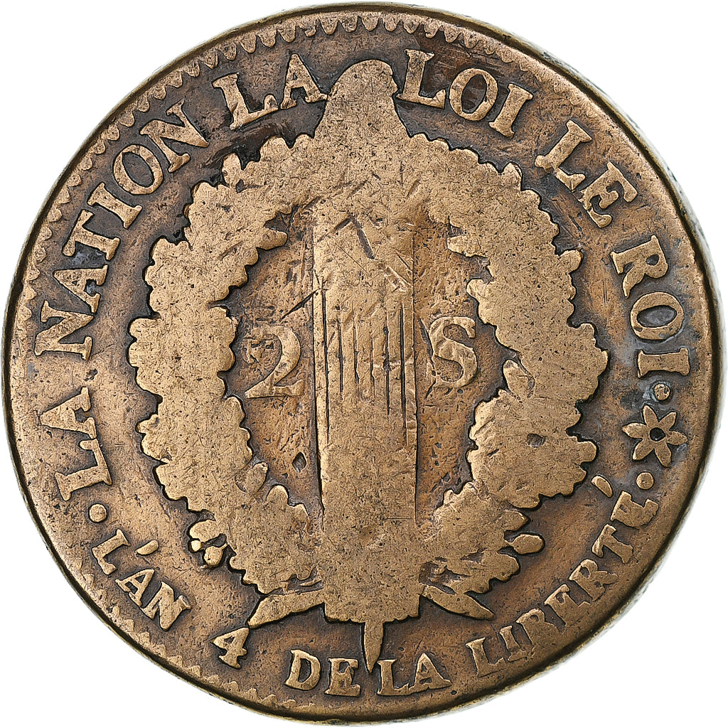 France, Louis XVI, 2 Sols, 1792 / AN 4, Strasbourg, Copper, F(12-15), Gadoury:24