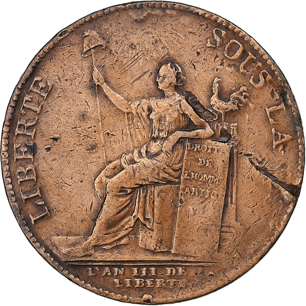 France, Monneron de 2 Sols, 1791, Birmingham, Cuivre, TB+