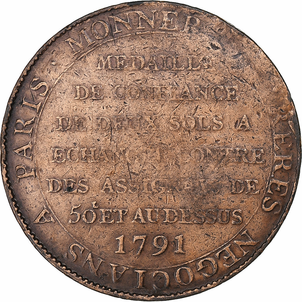 France, Monneron de 2 Sols, 1791, Birmingham, Cuivre, TB+