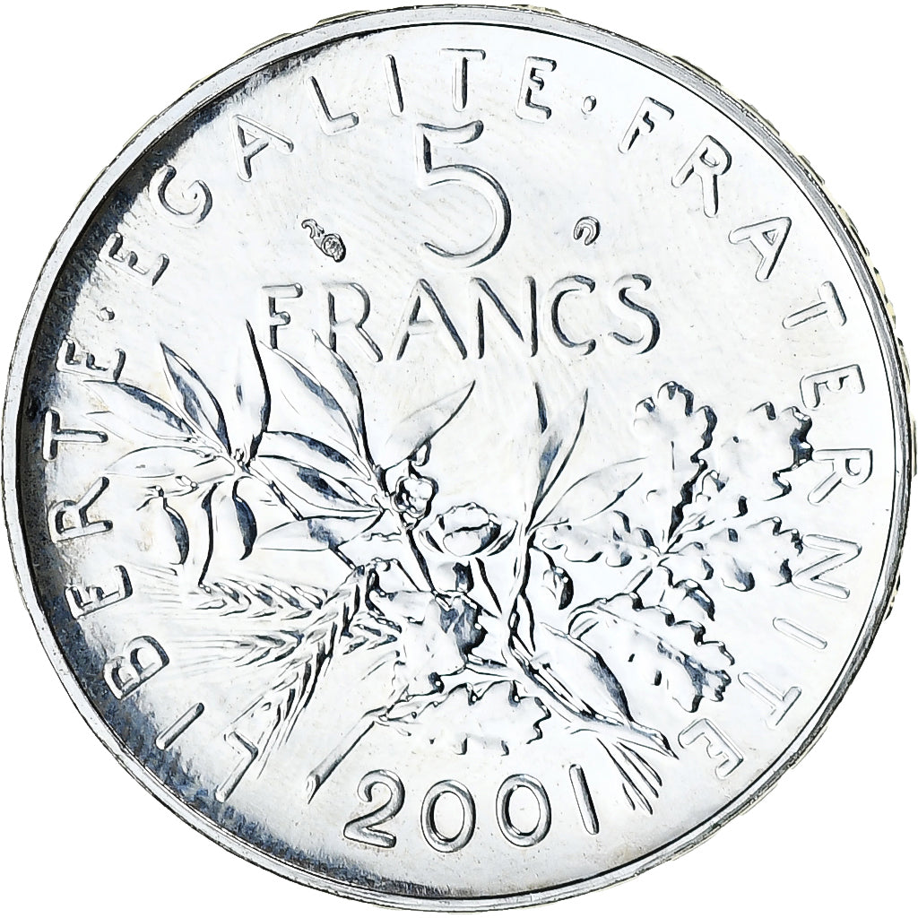 France, 5 Francs, Semeuse, 2001, Paris, BU, tranche relief, Argent, SPL