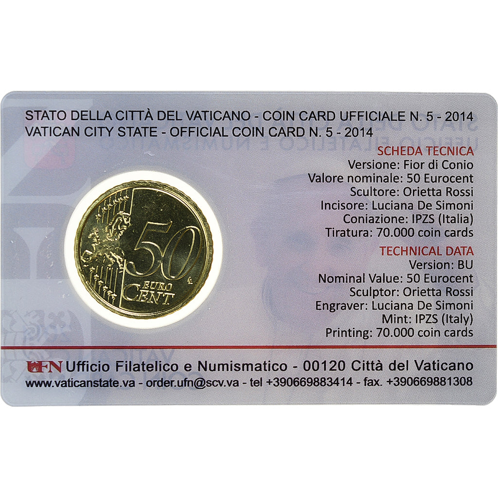 Vaticano, 50 Euro Cent, Pape François, Coin card.FDC, 2014, Rome, Nordic gold