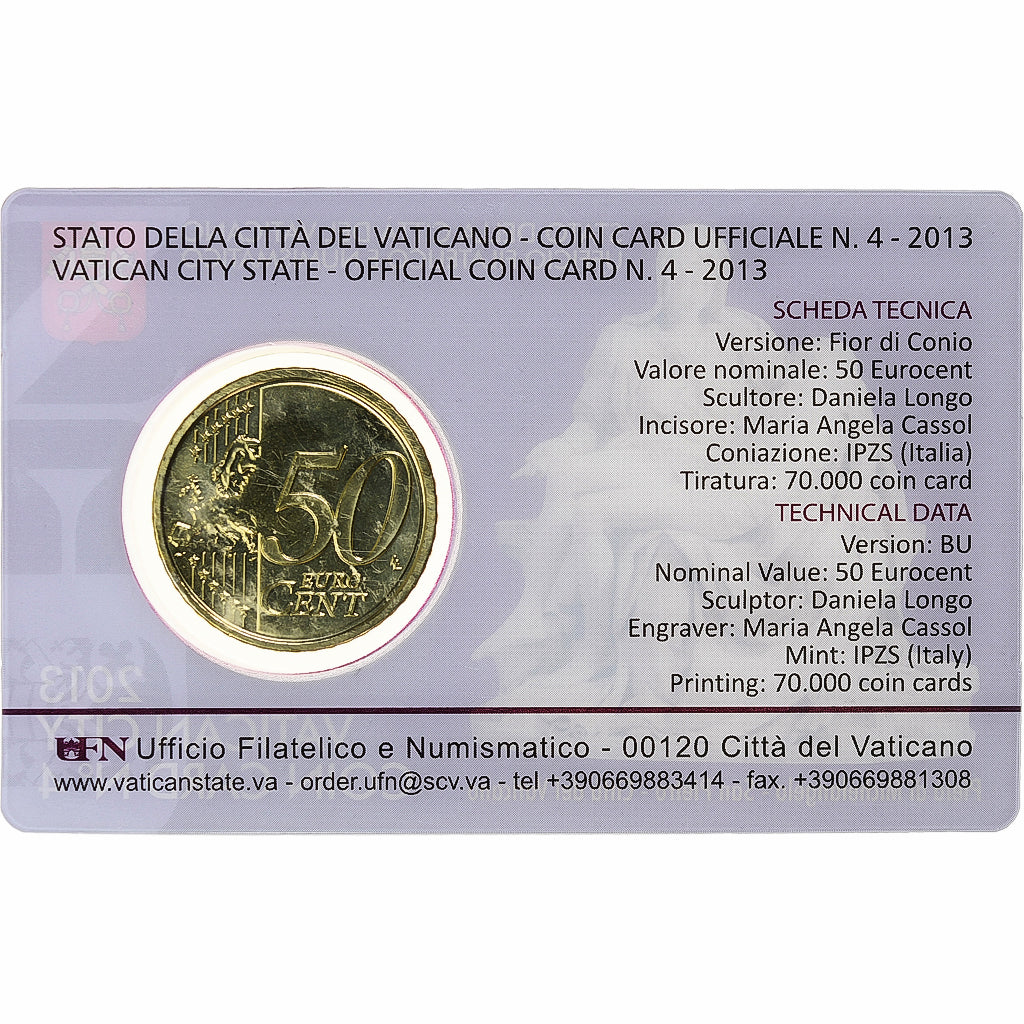 Watykan, 50 Euro Cent, Pape Benoit XVI, Coin card.FDC, 2013, Rome, Nordic gold