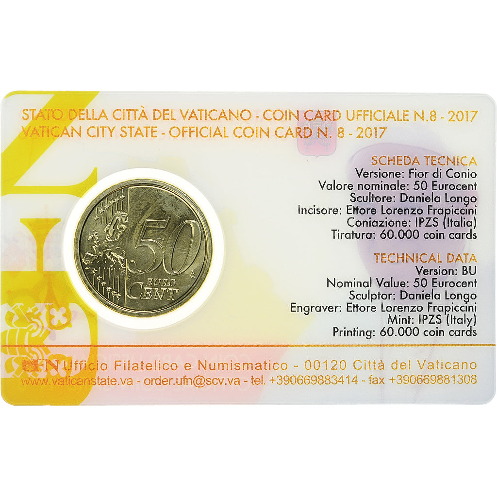 Vaticano, 50 Euro Cent, Pape François, Coin card.FDC, 2017, Rome, Nordic gold