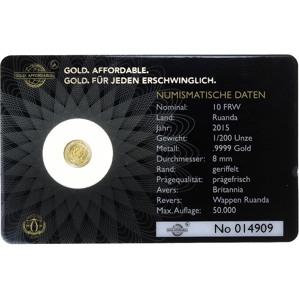 Rwanda, 10 francs rwandais, 1/200 Oz, Britannia, 2015, Gold, MS(65-70)