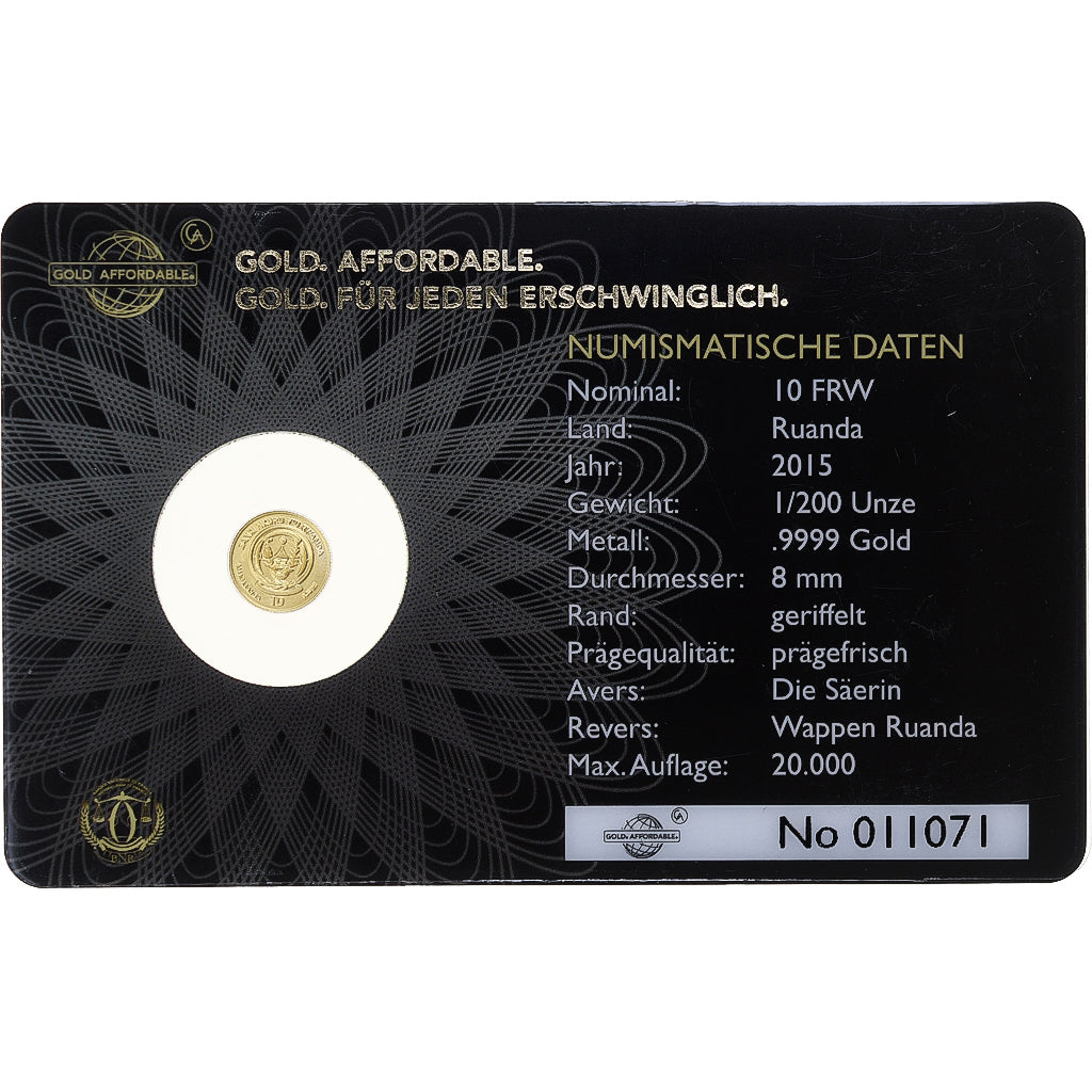 Ruanda, 10 francs rwandais, 1/200 Oz, Die Säerin, 2015, Oro, FDC
