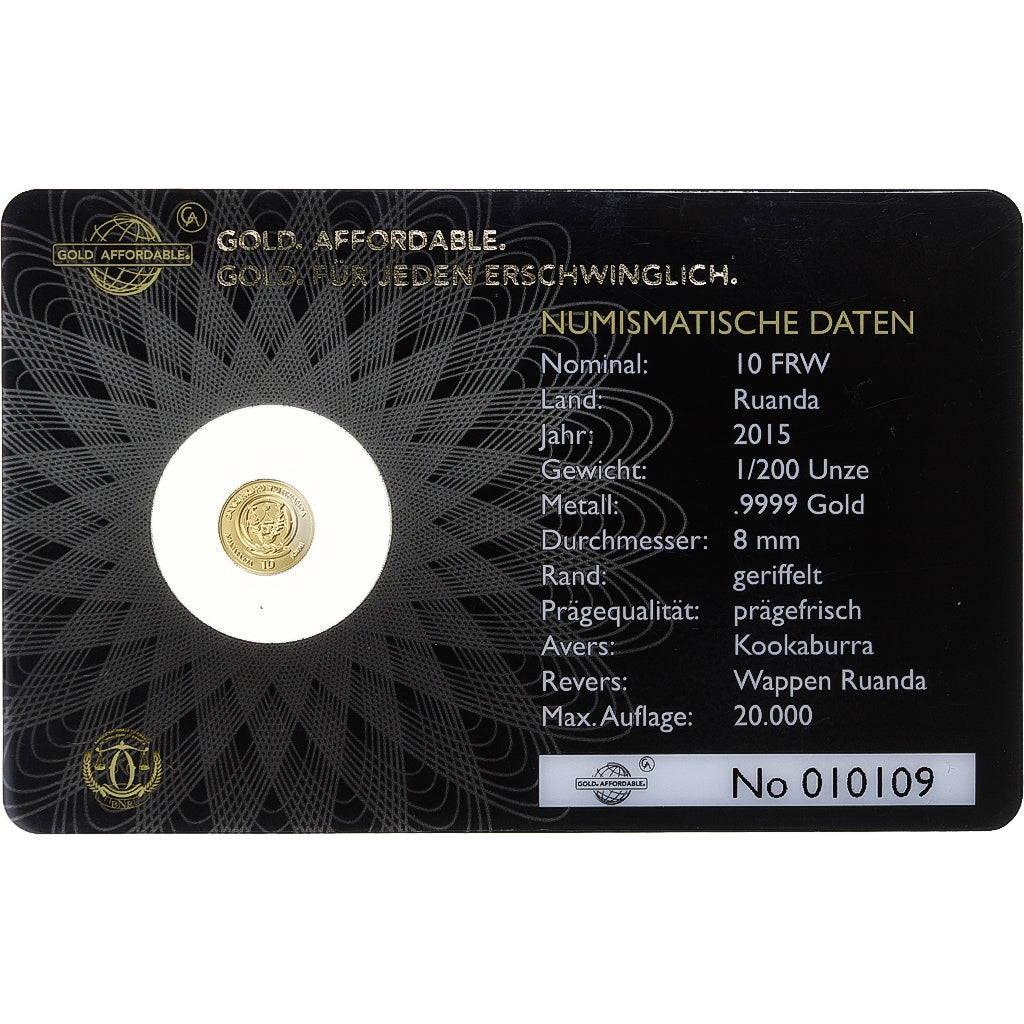 Ruanda, 10 francs rwandais, 1/200 Oz, Kookaburra, 2015, Oro, FDC