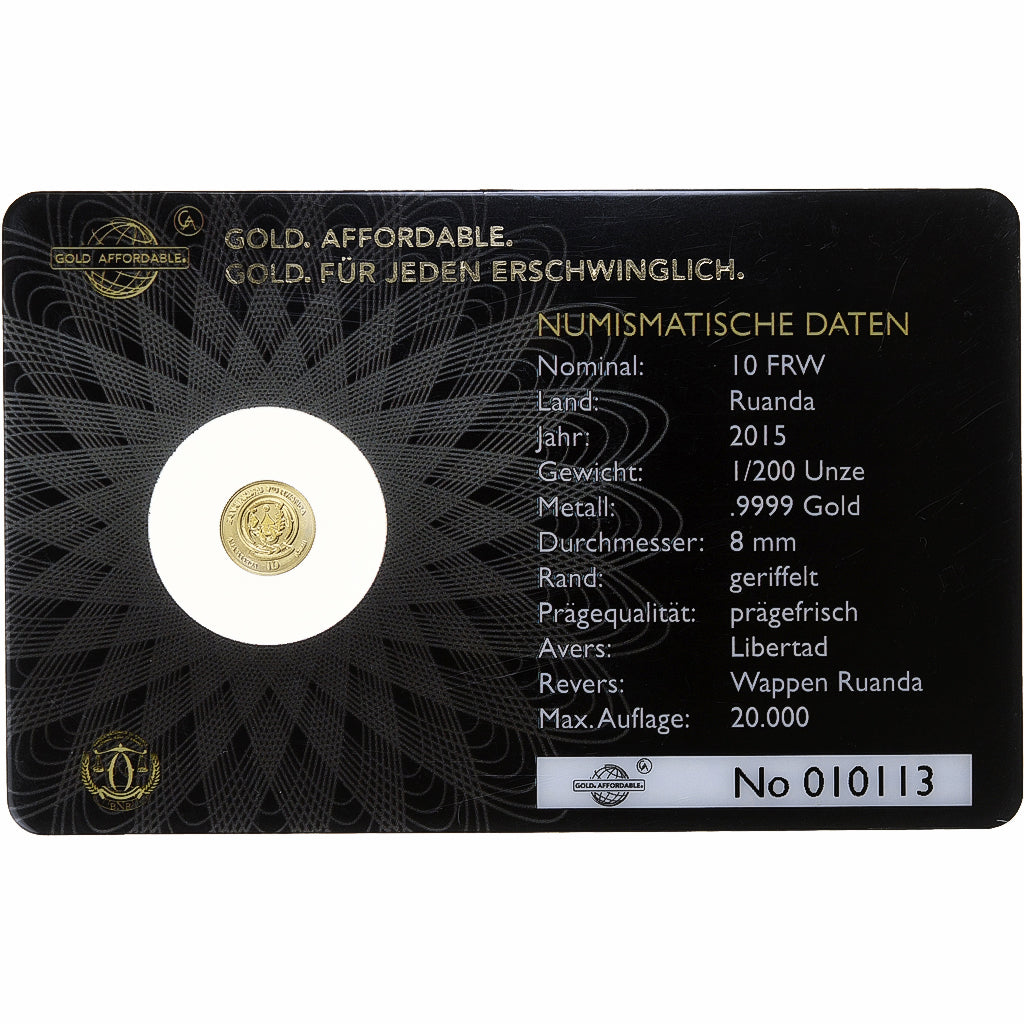 Ruanda, 10 francs rwandais, 1/200 Oz, Libertad, 2015, Gold, STGL