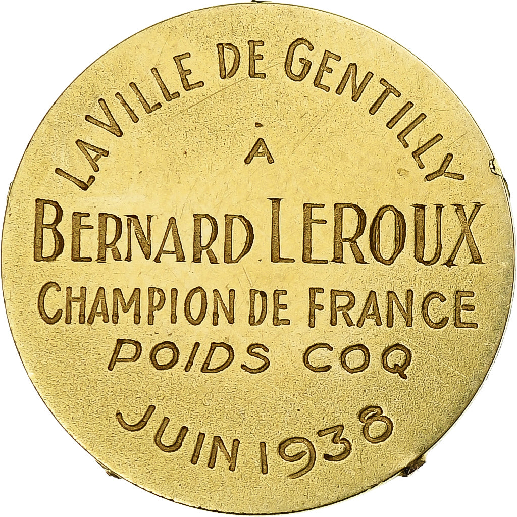 France, Médaille, Bernard Leroux, Champion de France Poids Coq, 1938, Or, TTB+