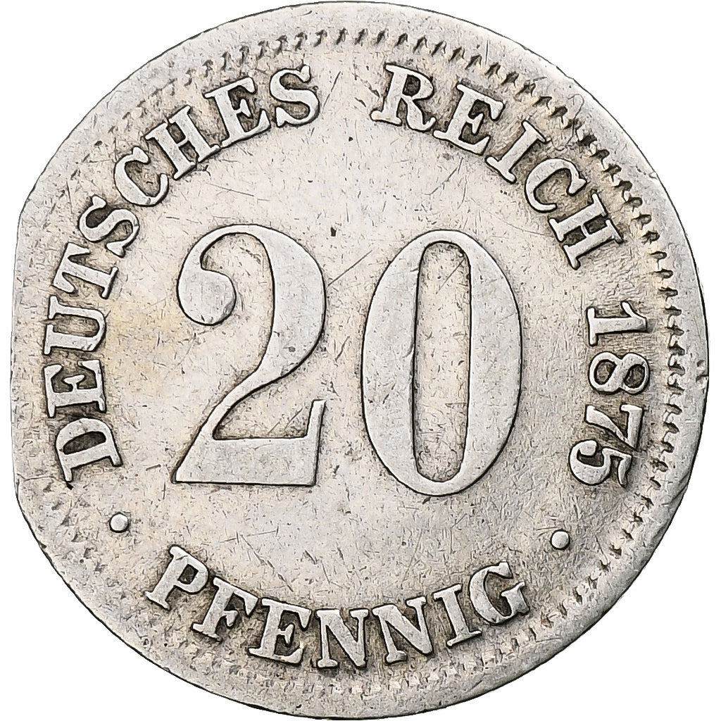 GERMANIA - IMPERO, Wilhelm I, 20 Pfennig, 1875, Munich, Argento, MB+, KM:5