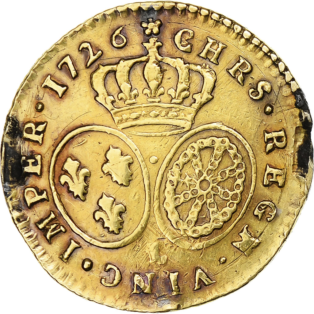 França, Louis XV, 1/2 Louis d'or aux lunettes, 1726, Bayonne, Dourado