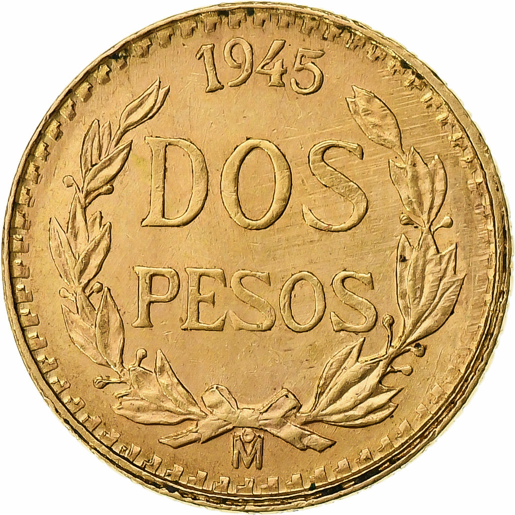 México, 2 Pesos, 1945, Mexico City, Dourado, MS(64)
