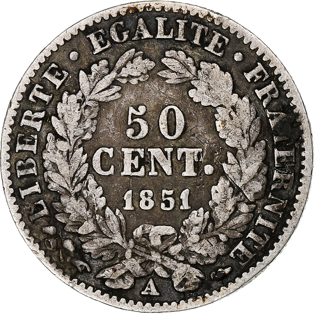 Francja, 50 Centimes, Cérès, 1851, Paris, Srebro, VF(20-25), Gadoury:411