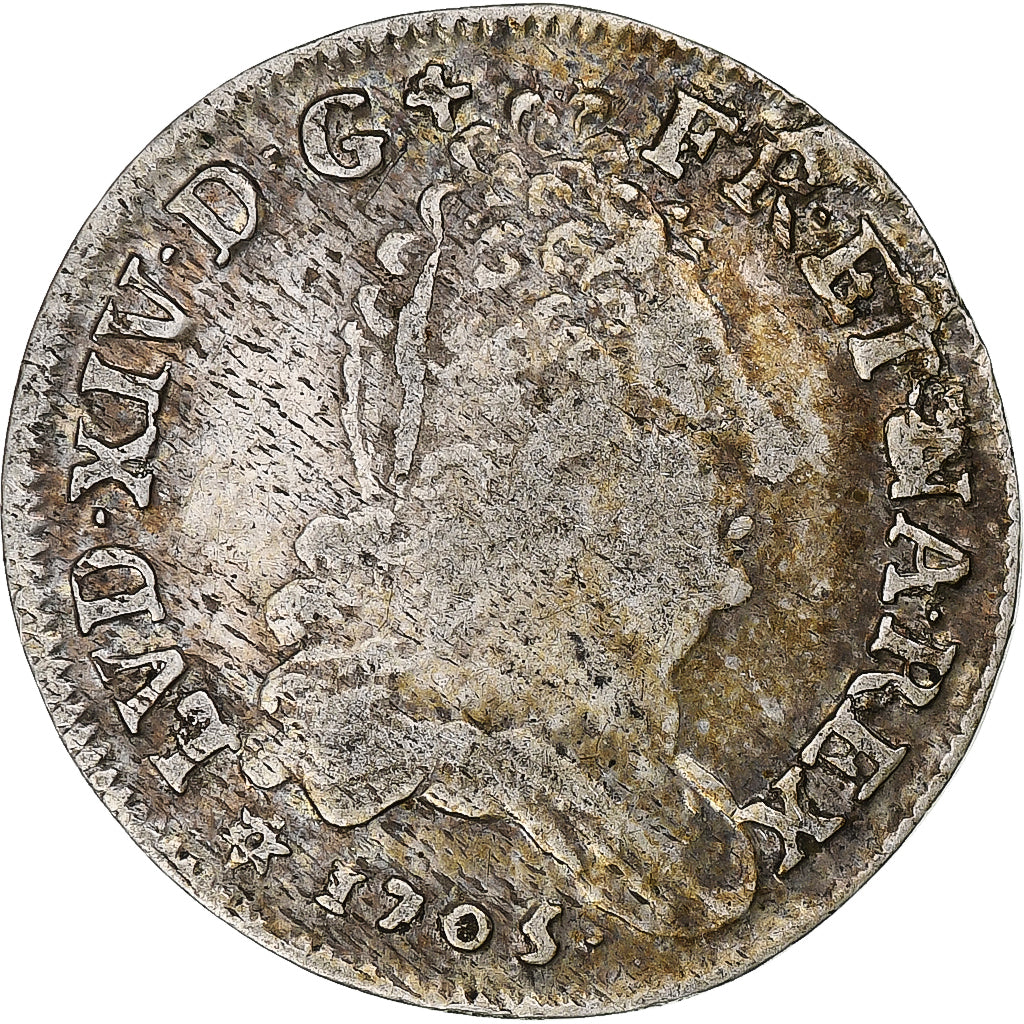 Francja, Louis XIV, 11 Sols aux couronnes, 1705, Strasbourg, Srebro, VF(30-35)