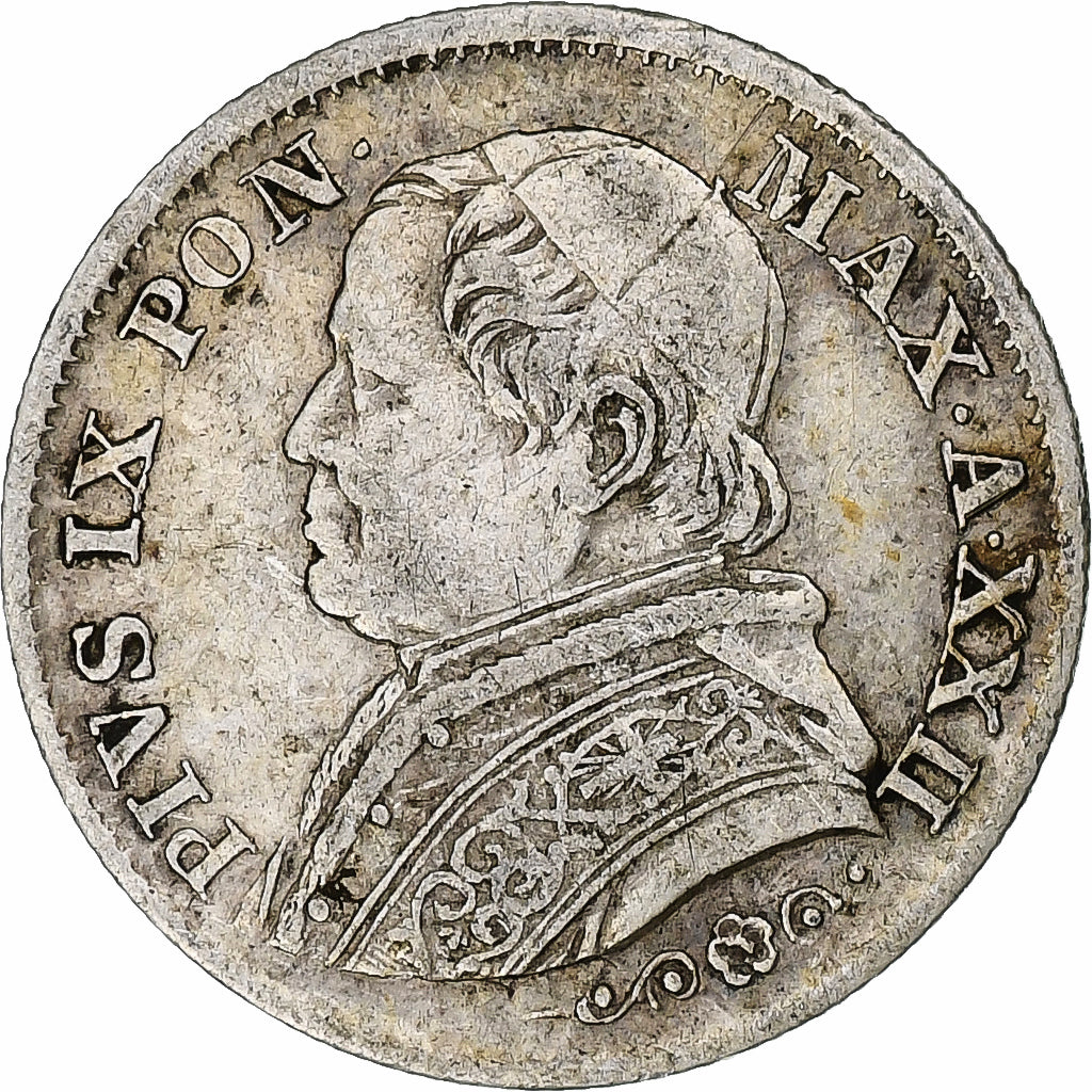 DEPARTAMENTY WŁOSKIE, PAPAL STATES, Pius IX, 5 Soldi, 1867, Rome, Srebro