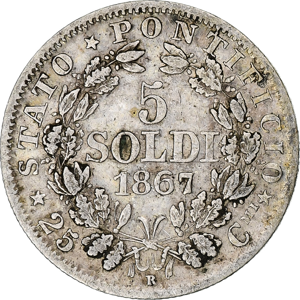 DEPARTAMENTY WŁOSKIE, PAPAL STATES, Pius IX, 5 Soldi, 1867, Rome, Srebro