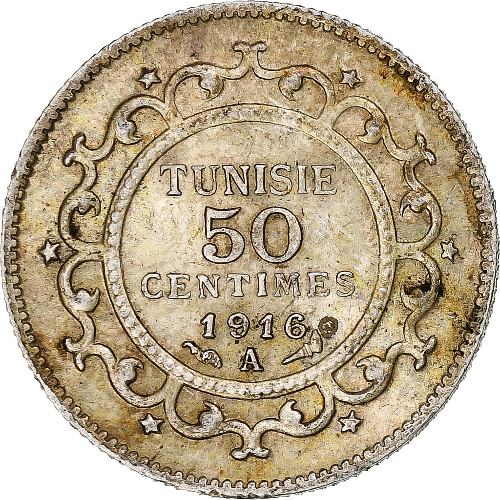 Tunisia, Muhammad al-Nasir Bey, 10 Centimes, 1916, Paris, Argento, BB+