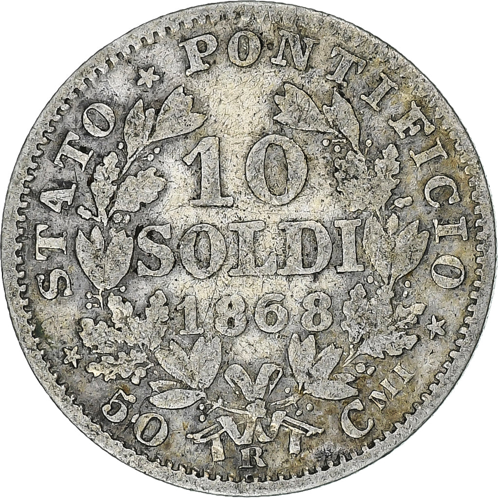 ESTADOS ITALIANOS, Pius IX, 10 Soldi, 1868, Rome, Prata, EF(40-45), KM:1376