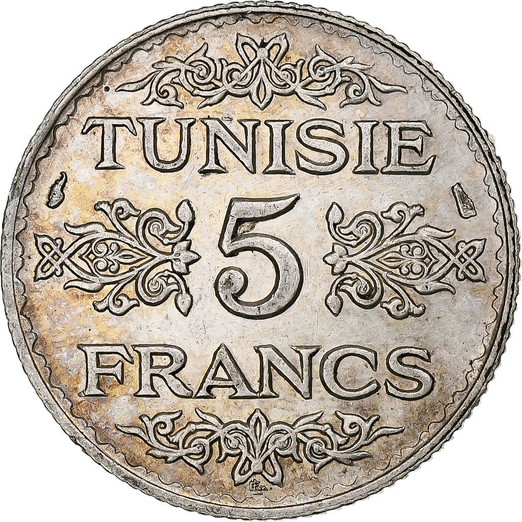 Tunisia, Ahmad Pasha Bey, 5 Francs, 1935/AH1353, Paris, Srebro, AU(55-58)