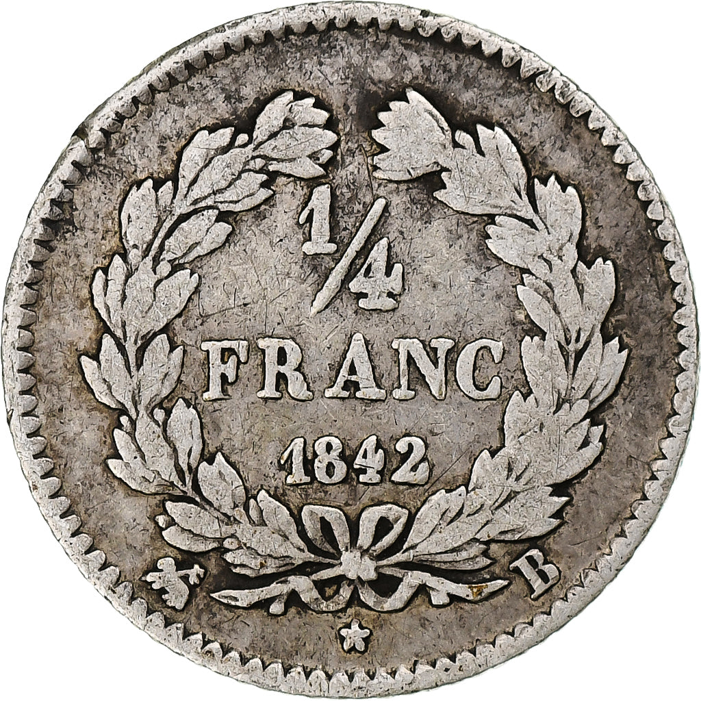 Francia, Louis-Philippe I, 1/4 Franc, 1842, Rouen, Argento, MB+, Gadoury:355
