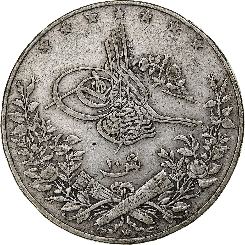 Egitto, Abdul Hamid II, 10 Qirsh, 1884/AH1293, Berlin, Argento, BB, KM:295