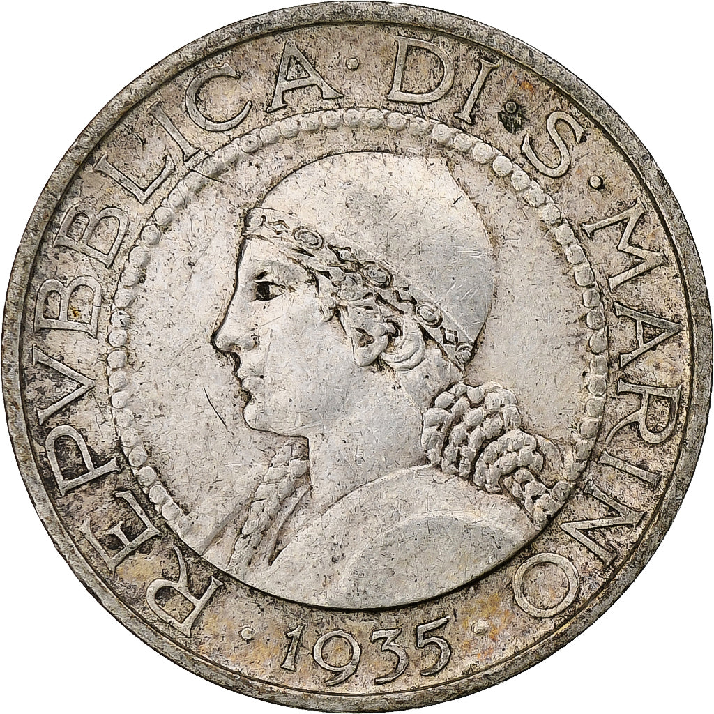 San Marino, 5 Lire, 1935, Rome, Plata, MBC+, KM:9