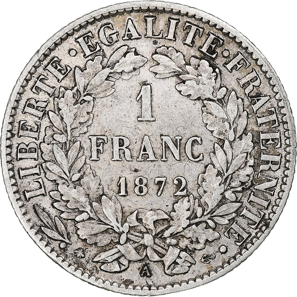 France, 1 Franc, Cérès, 1872, Paris, Silver, AU(50-53), Gadoury:465a, KM:822.1