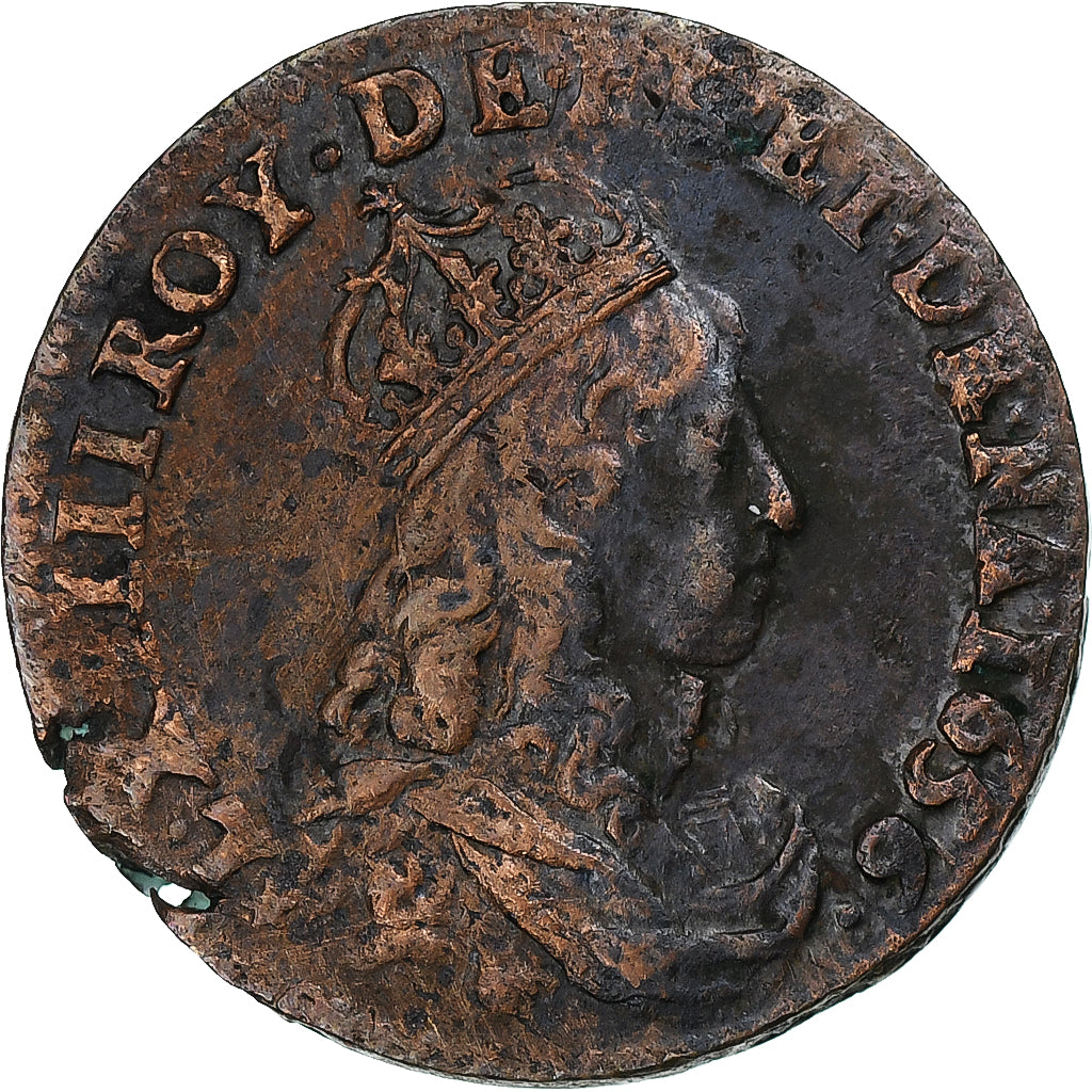 França, Louis XIV, Liard de France, 1656, Meung-sur-Loire, Cobre, AU(50-53)