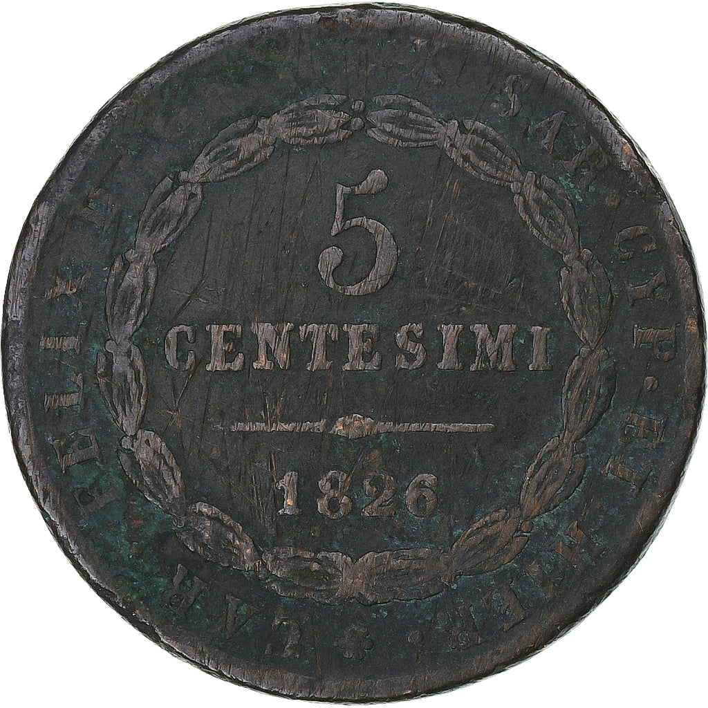 Italia, Carlo Felice, 5 Centesimi, 1826, Torino, Rame, MB+