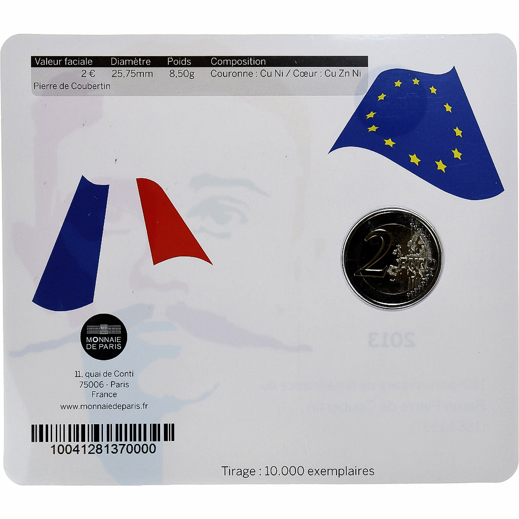 France, 2 Euro, Pierre de Coubertin, 2013, MDP, Bi-Metallic, MS(65-70)