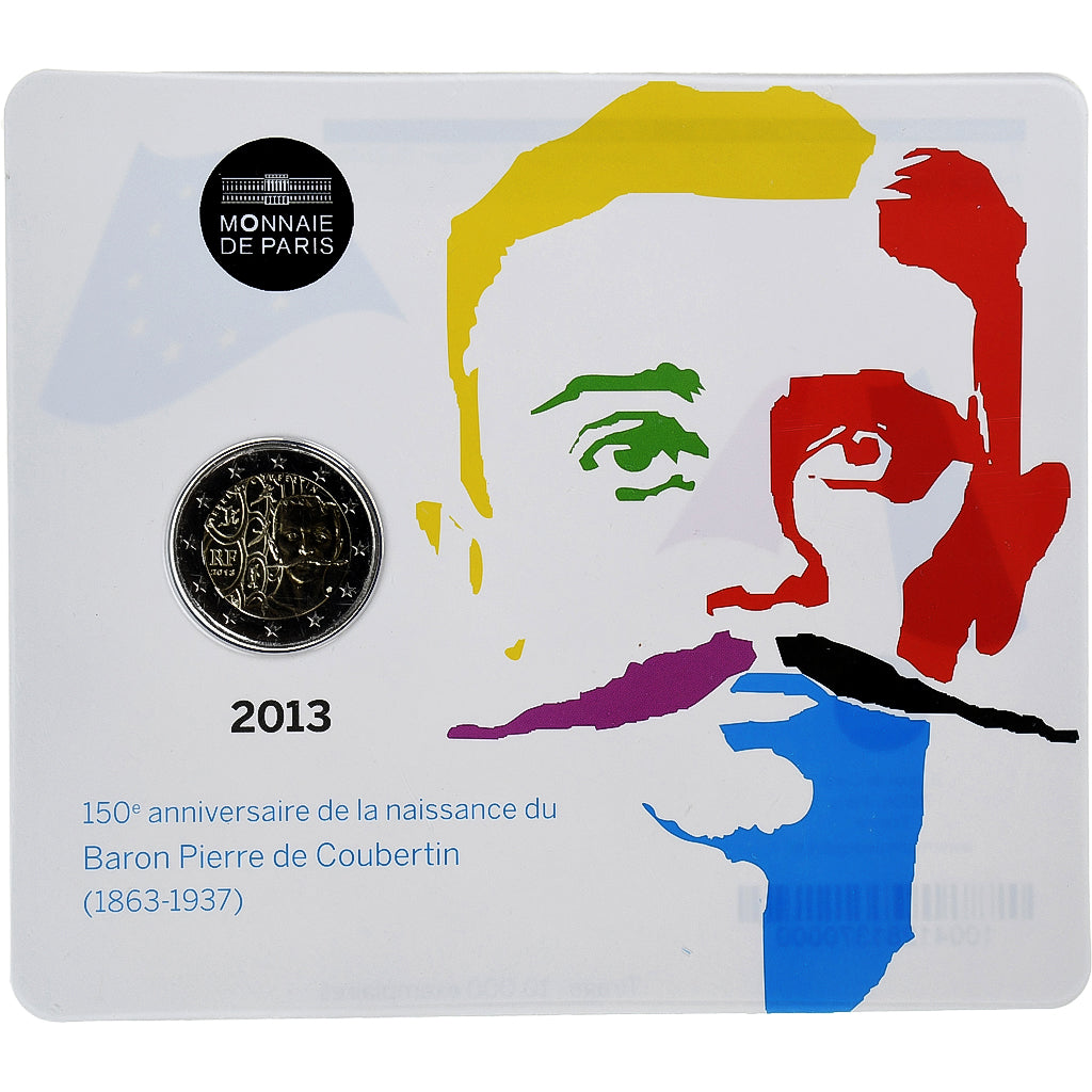 Francja, 2 Euro, Pierre de Coubertin, 2013, MDP, Bimetaliczny, MS(65-70)