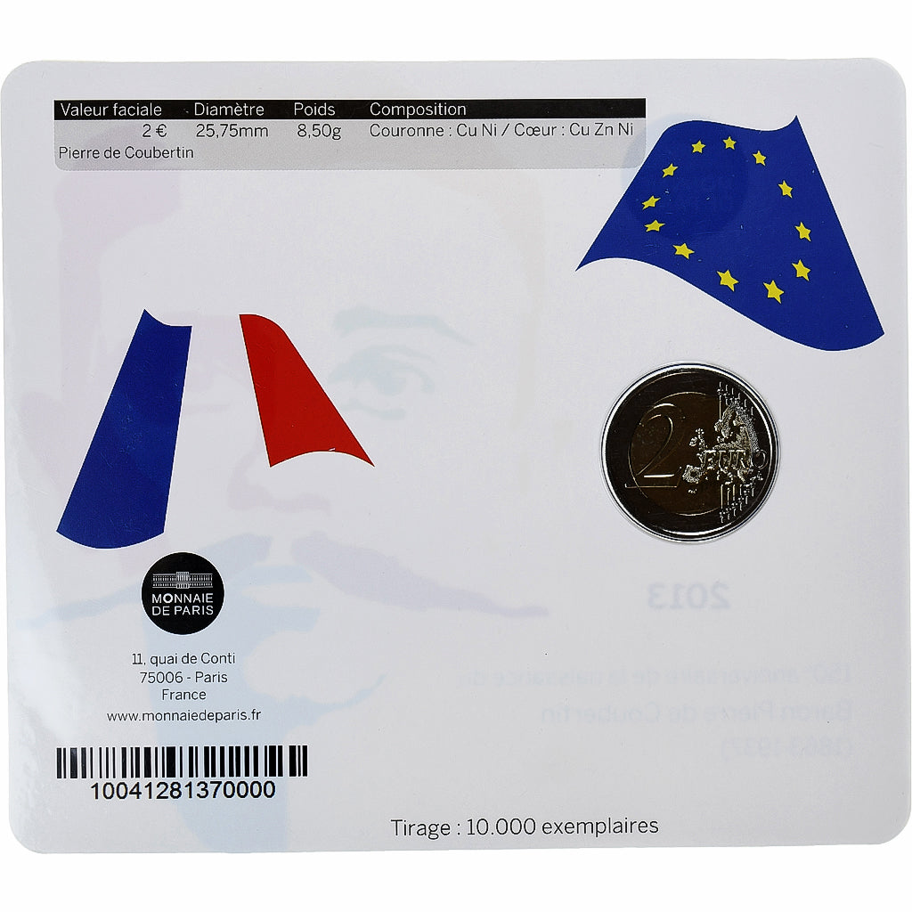 Francja, 2 Euro, Pierre de Coubertin, 2013, MDP, Bimetaliczny, MS(65-70)