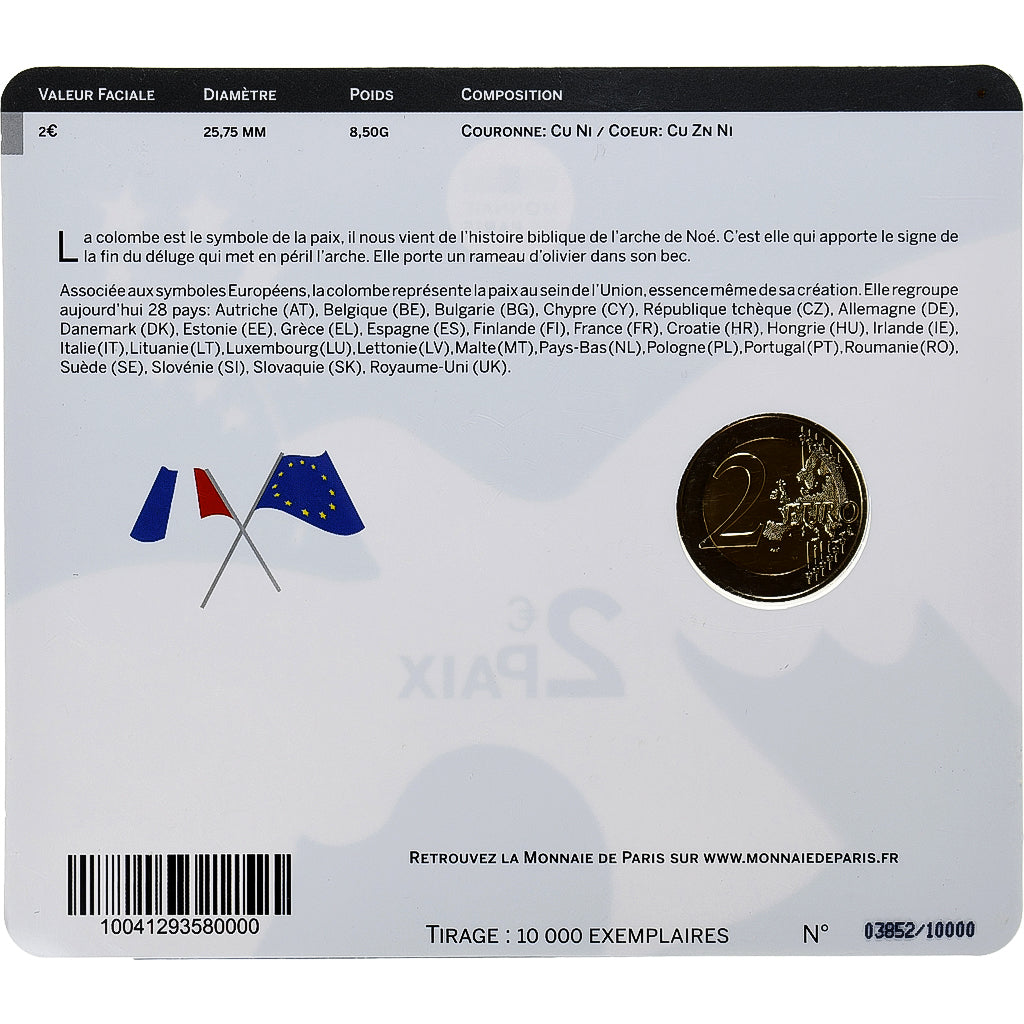Francia, 2 Euro, Paix, Coin Card. BU, 2015, MDP, Bimetálico, FDC