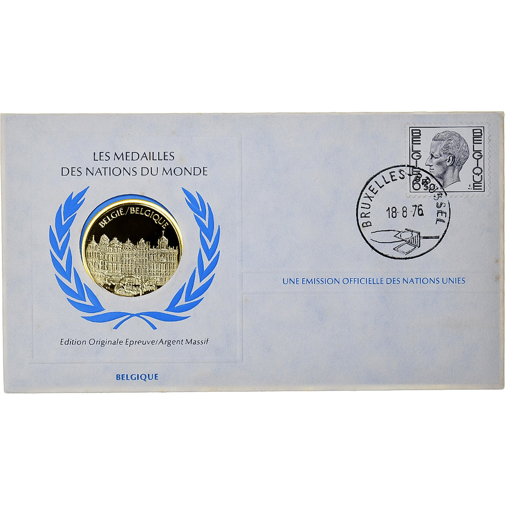 Bélgica, Medal + stamp, United Nations, 1976, Prata, Proof, MS(65-70)