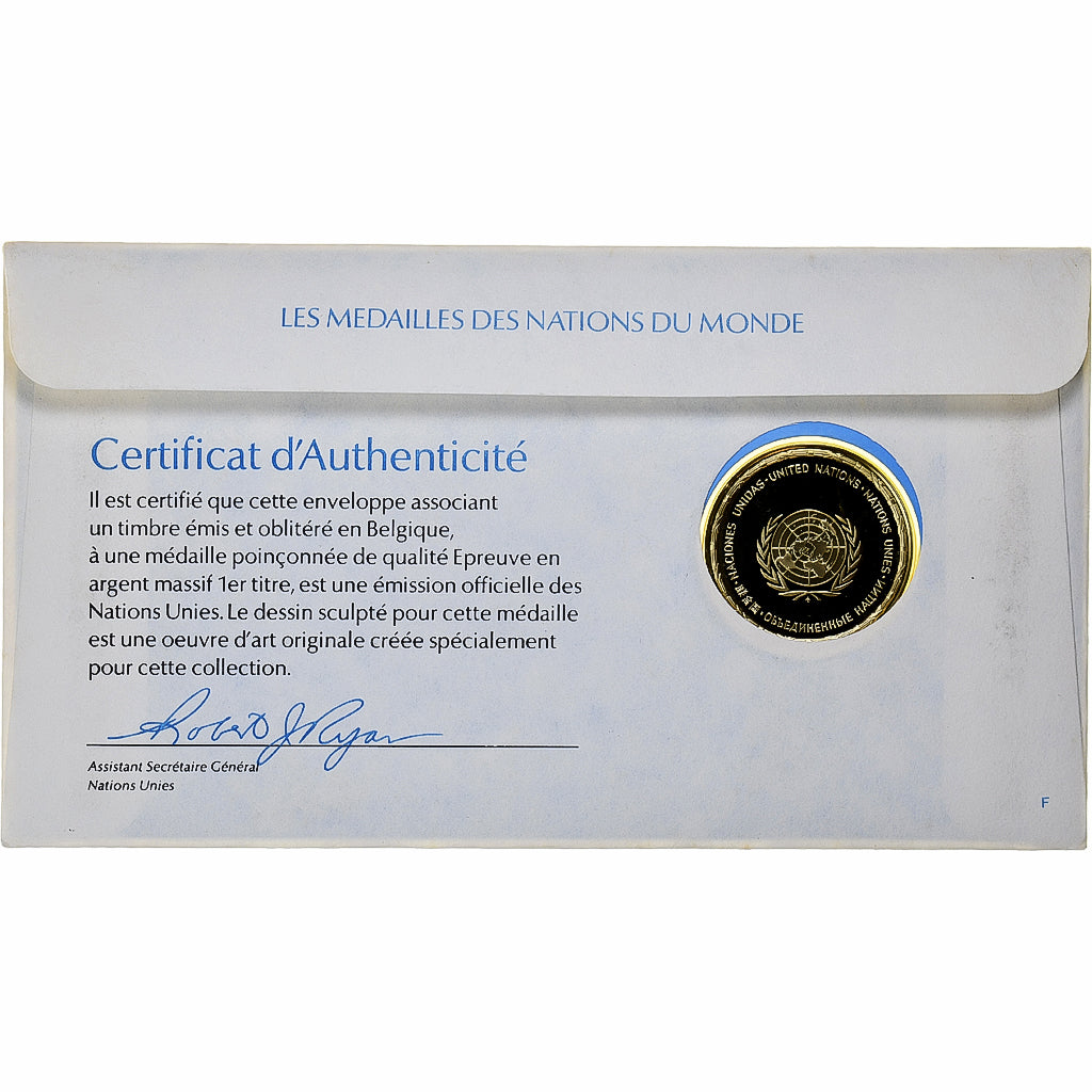 Bélgica, Medal + stamp, United Nations, 1976, Plata, Prueba, FDC