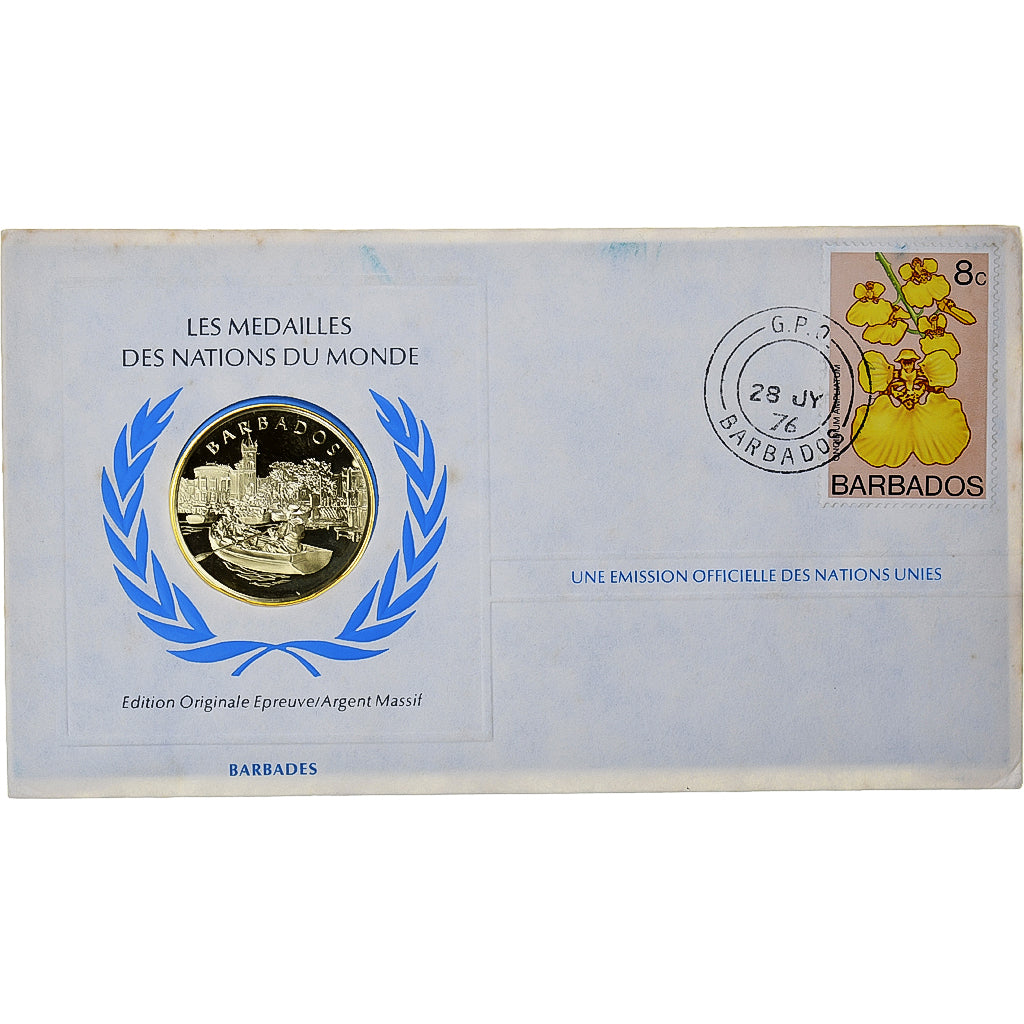 Barbados, Medal + stamp, United Nations, 1976, Silver, Proof, MS(65-70)