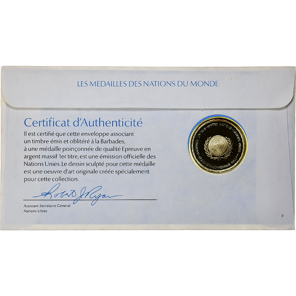 Barbados, Medal + stamp, United Nations, 1976, Silver, Proof, MS(65-70)