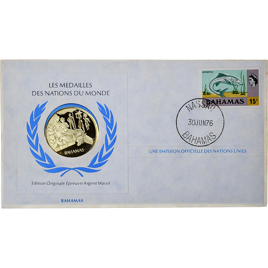 Bahamas, Medal + stamp, United Nations, 1976, Silver, Proof, MS(65-70)