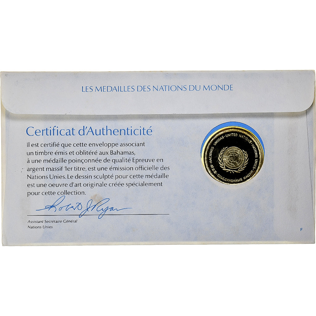 Bahamas, Medal + stamp, United Nations, 1976, Silver, Proof, MS(65-70)
