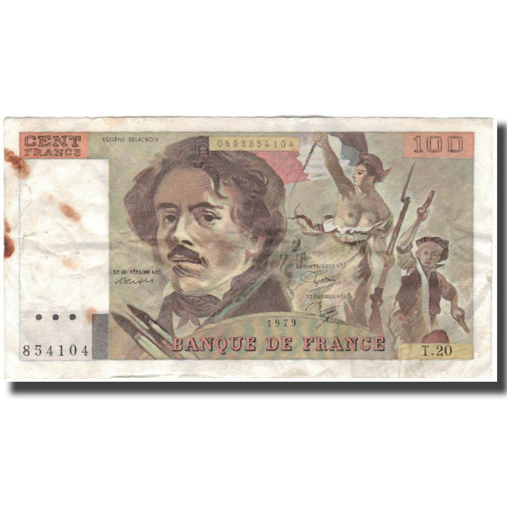 France, 100 Francs, Delacroix, 1979, TB, Fayette:69.3, KM:154b