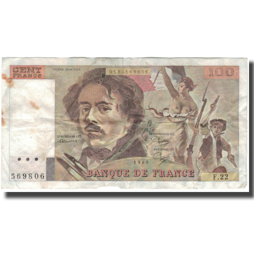 France, 100 Francs, Delacroix, 1980, VF(20-25), Fayette:69.4a, KM:154b