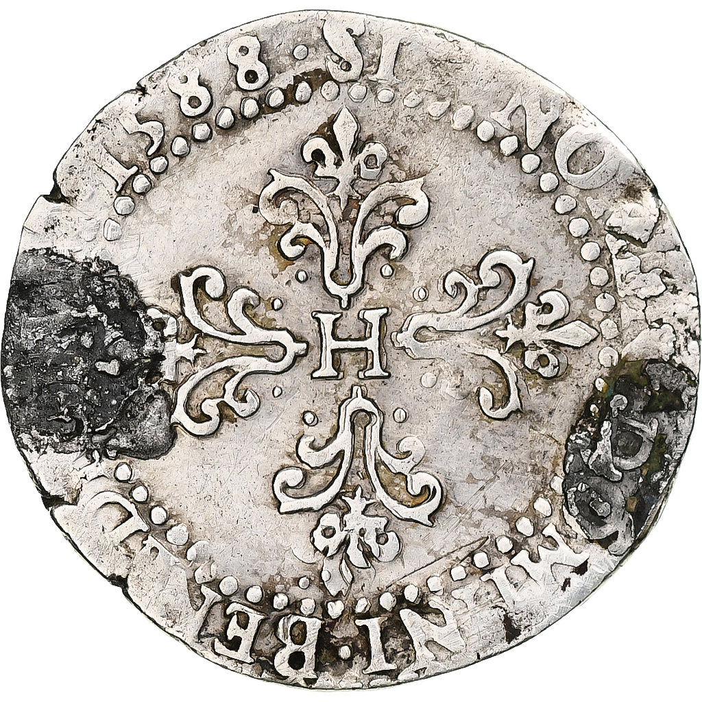 France, Henri III, Demi Franc, 1588, Rouen, Silver, VF(30-35)